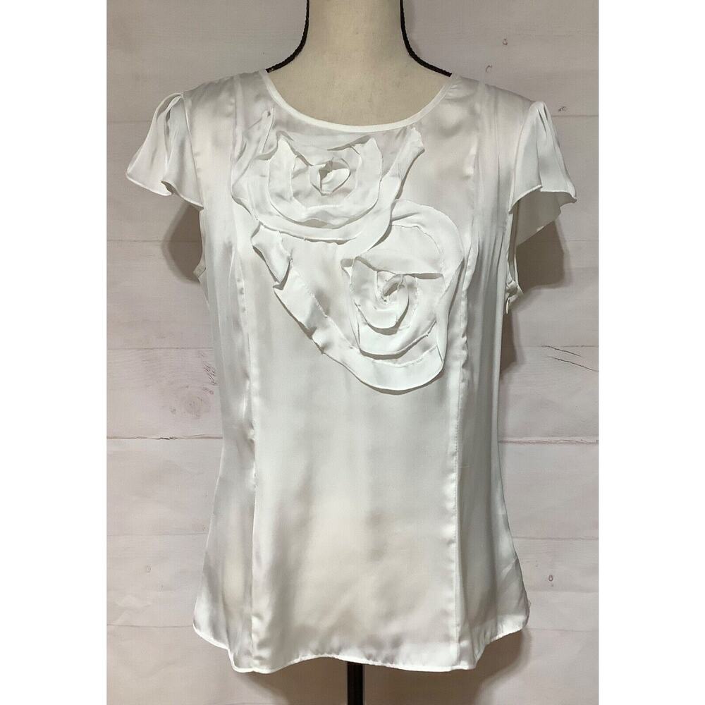 SPENSE Sz M white satin spiral flower flutter sleeve top shirt blouse
